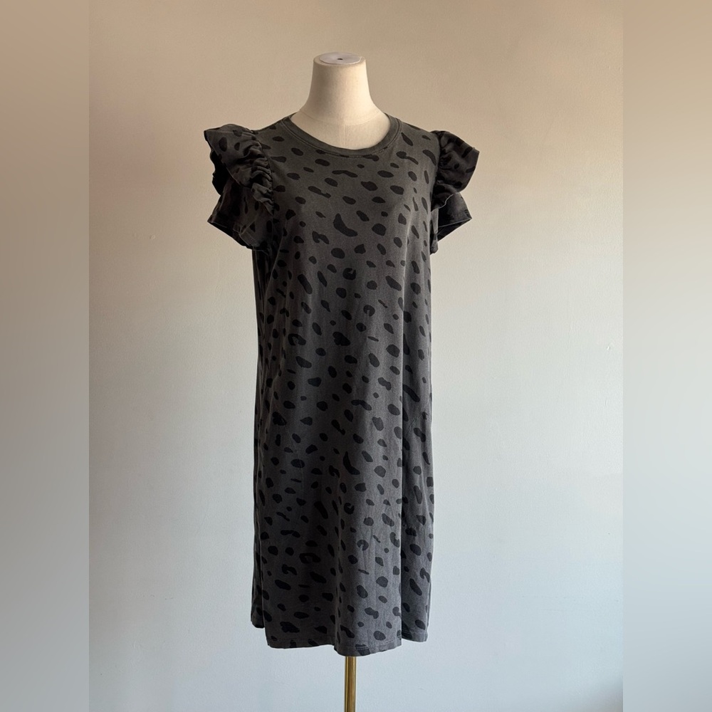Clare V Gray spotted leopard print ruffle Sleeve shirt Dress Sz M